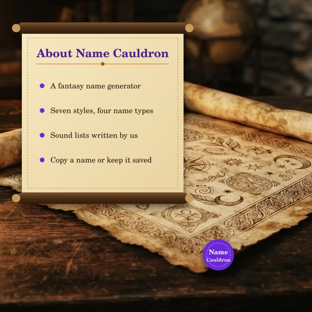 About Name Cauldron: a fantasy name generator with seven styles, four name types and sound lists written by us