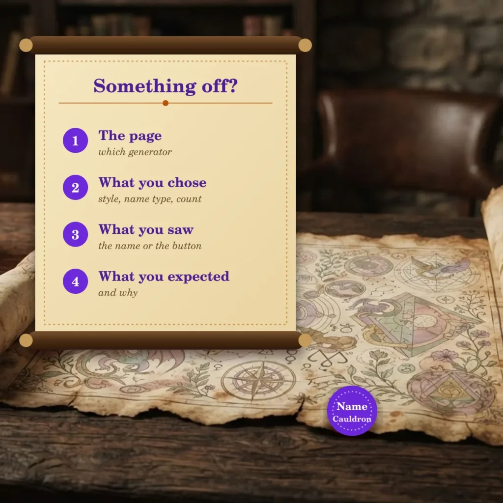 Four things to send when something is wrong: the page, what you chose, what you saw and what you expected