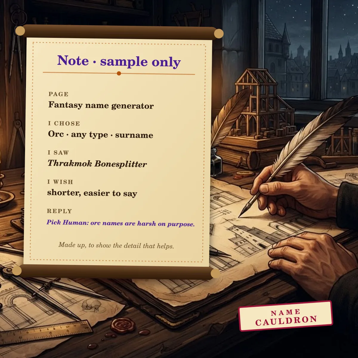 Sample note: an orc name is too hard to say, with a reply that orc names are made harsh on purpose