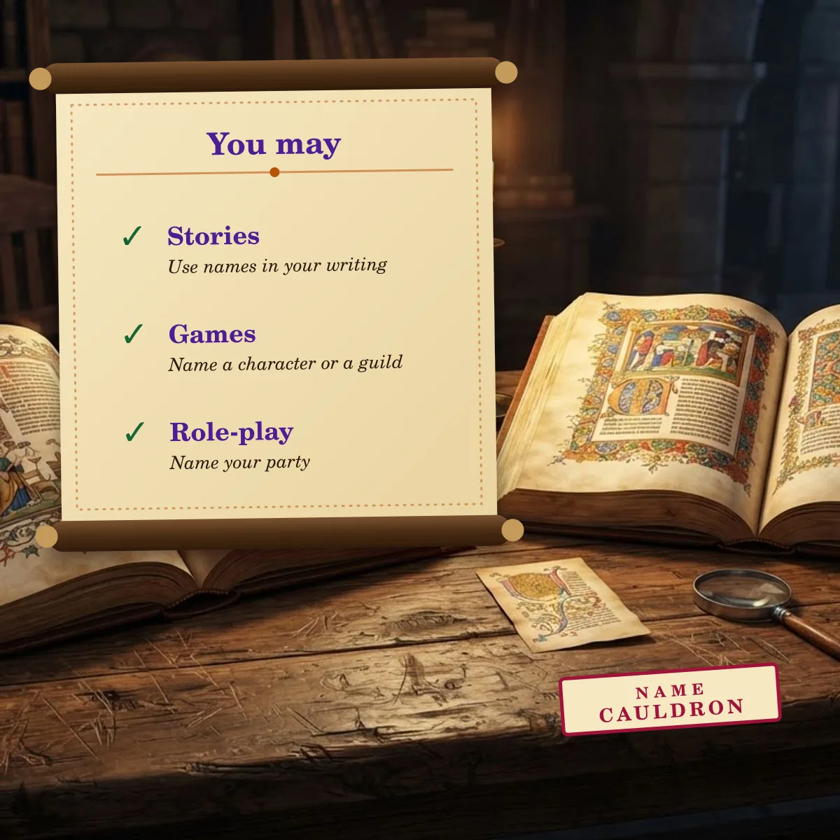 Allowed uses: names for stories, for games and for role-play