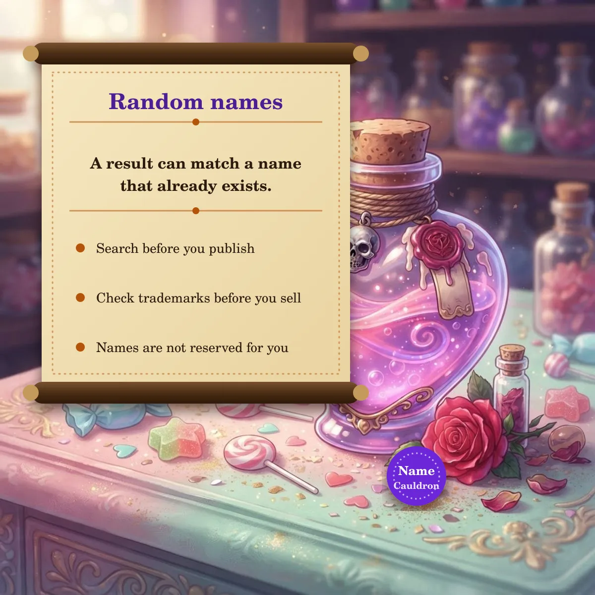 Random names can match names that already exist, so search before you publish and check trademarks before you sell