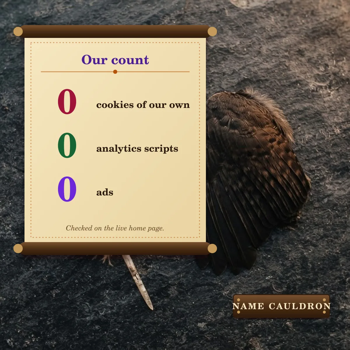 Name Cauldron sets zero cookies of its own, runs zero analytics scripts and shows zero ads