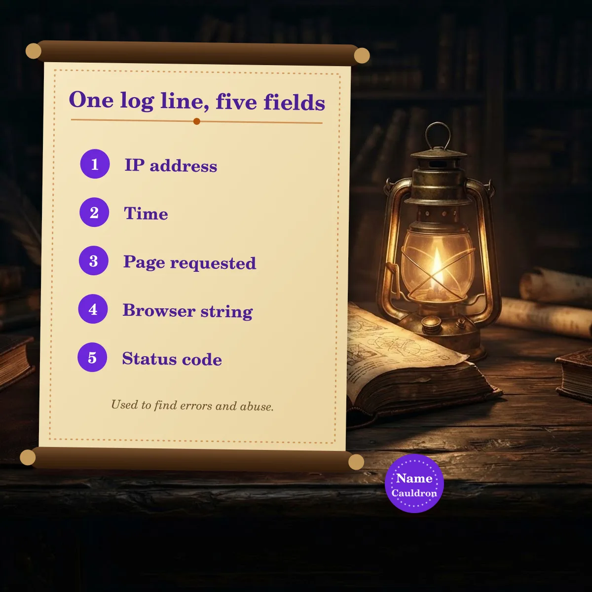 The five fields of a server log line: IP address, time, page requested, browser string and status code
